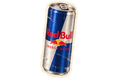 Silver-and-blue Red Bull can.