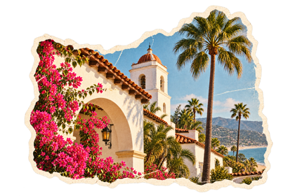 Santa Barbara-inspired architecture and bougainvillea.