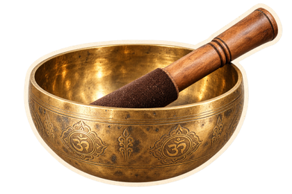 Brass singing bowl and wooden striker.